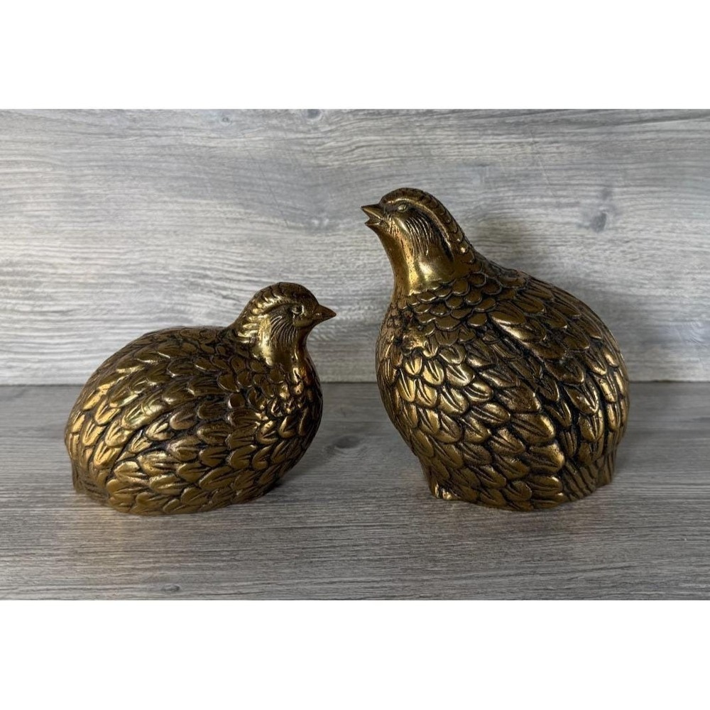 Mid Century Vtg Brass Quail Partridge Bird Figurine Set Desk Library Office Art
